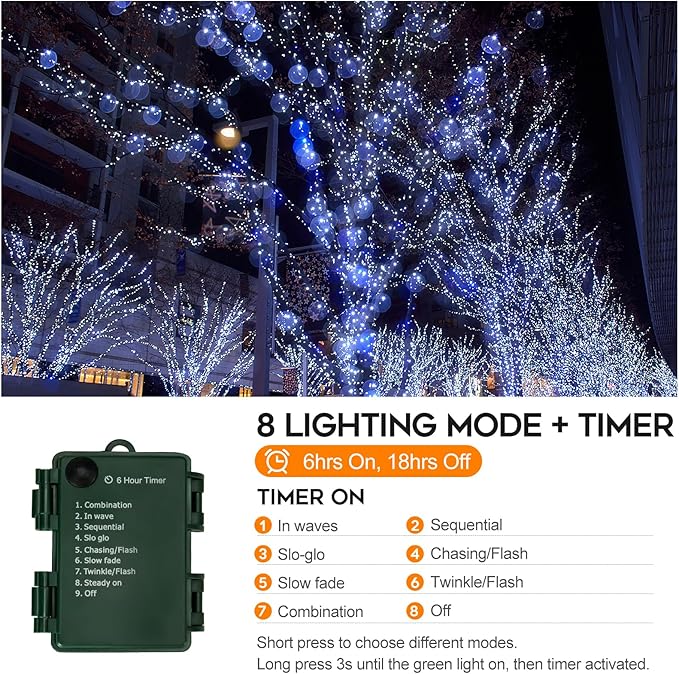 Battery Operated Christmas Lights, 20FT 200 Micro LEDs Fairy Lights with 8 Modes and Timer, Green Copper Wire for Indoor Outdoor Christmas Tree Wreath Garland Garden Party,Cool White