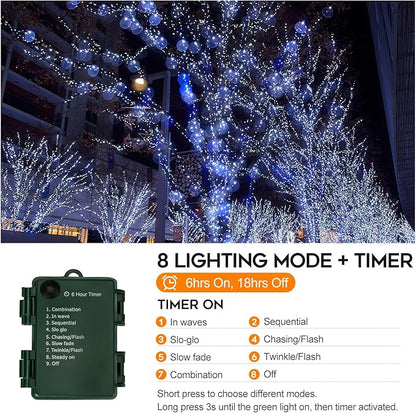 Battery Operated Christmas Lights, 20FT 200 Micro LEDs Fairy Lights with 8 Modes and Timer, Green Copper Wire for Indoor Outdoor Christmas Tree Wreath Garland Garden Party,Cool White