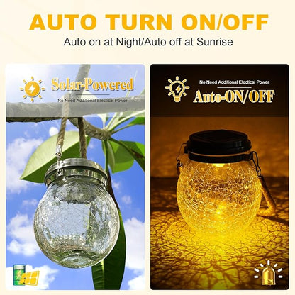 DBF Solar Lanterns Outdoor Waterproof, 4 Pack Hanging Solar Lights Outdoor Garden Decor, Amber Warm & RGB LED Globe Cracked Glass Ball Lantern for Yard Tree Fence Patio Porch Events Deck Pathway