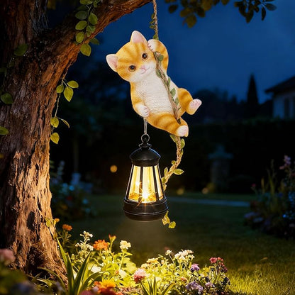 Solar Hanging Cat Statue, Outdoor Resin Orange Cat Figurine with LED Lights, Ginger Kitty Animal Ornament for Garden, Fence, Porch, Patio, Yard Decor, Dusk to Dawn Auto On/Off