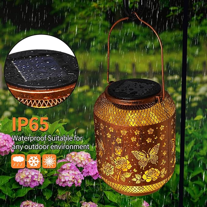 Butterfly Solar Lanterns Outdoor Waterproof Rose Garden Decor Gifts for Mom Women Grandma Metal Hanging Solar Lights Outdoor Decoration for Patio,Yard,Porch,Backyard