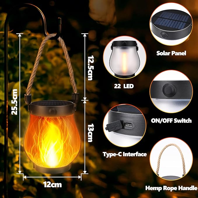Solar Flame Lantern Hanging Outdoor Waterproof - 2 Pack Flame Lanterns with Dual Charging Modes of Solar & USB for Garden or Yard Decorations (Warm White - 1 Pack)