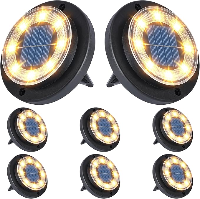 8-Pack Solar Ground Disk Lights, Warm White Waterproof LED