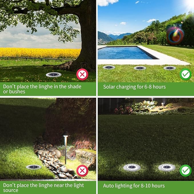 8-Pack Solar Ground Disk Lights, White Waterproof LED