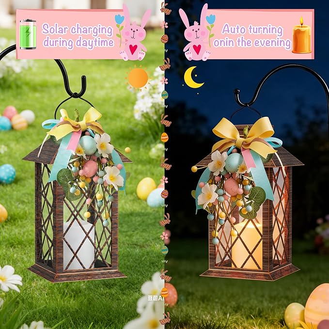 Easter Solar Lanterns Outdoor, Waterproof Garden Hanging Lanterns, 13" Outdoor Decorative Lantern with LED Flickering Flameless Candles, Easter Lantern for Porch, Yard,Patio Decor