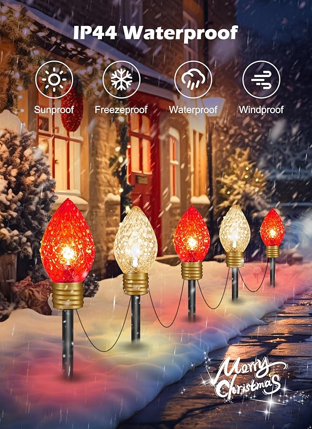 Moonflor Strawberry Jumbo C9 Christmas Pathway Lights Outdoor - 8.5 FT 5 LED Large C9 Pathway Lights, Hanging Jumbo Christmas Light Outdoor Decorations for Lawn Holiday Yard, Red & Warm White