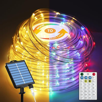 ICRGB Solar Rope Lights Outdoor, 66Ft 200LED 1800mAh Christmas String Lights with Remote, Type C, 19 Modes & Timer, IP67 Waterproof, Solar Light for Tree Patio Porch, Warm White to Multicolor