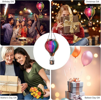 Larekook Rainbow Solar Hot Air Balloon Lantern with Flickering Flame Light,Glass Outdoor Garden Decor,Hot Air Balloon Solar Lantern Outdoor Waterproof Hanging Light for Yard Patio Porch Lawn