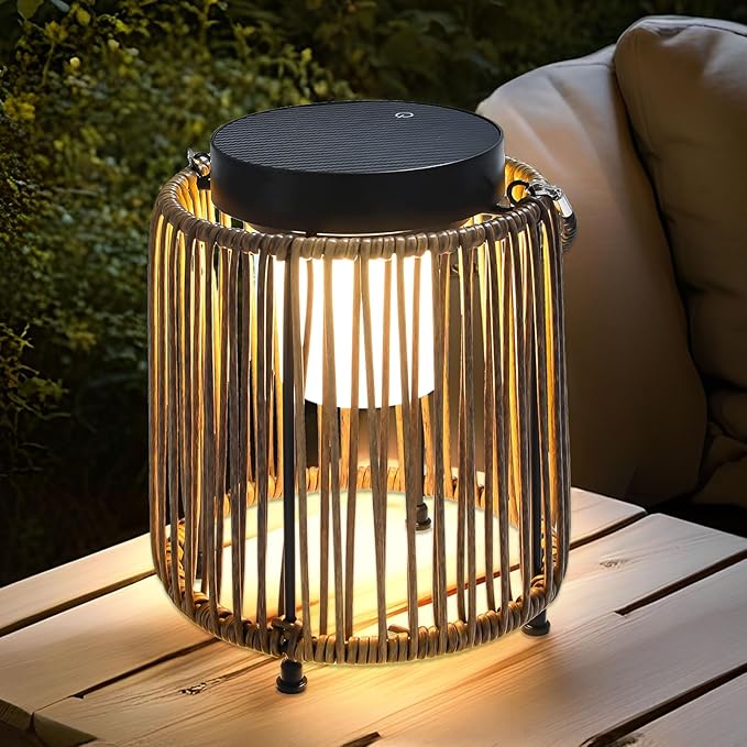 Solar Lanterns Outdoor Waterproof IP54, Handwoven Wicker Outdoor Table Lamps Portable Rechargeable with 30H+ Runtime, Dual USB-C/Solar Charging Hanging Lantern, 3 Brightness Levels