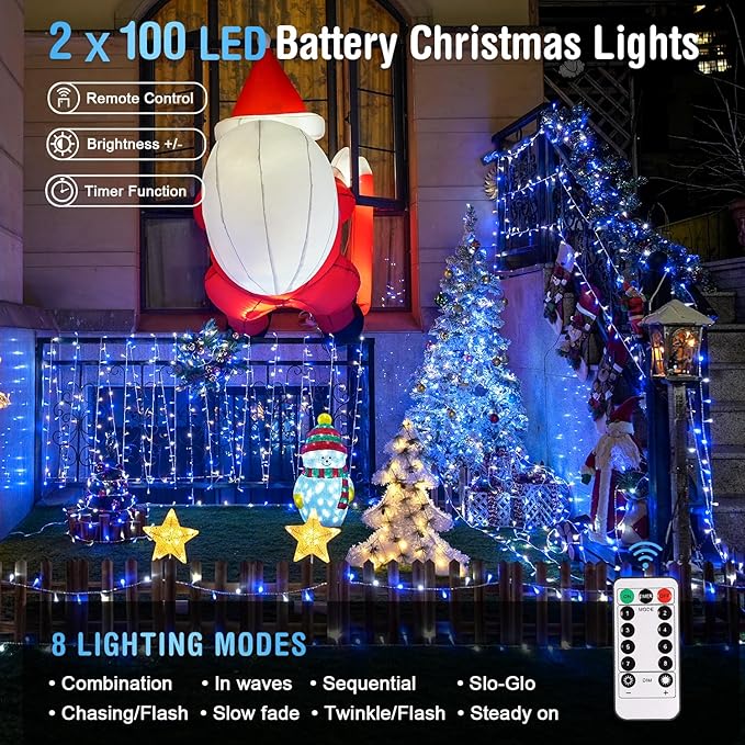 2-Pack 100 LED Christmas Twinkle Lights, 33ft Waterproof for Yard