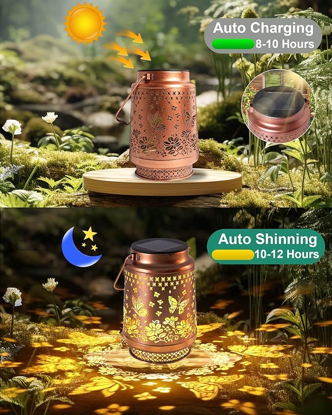 2 Pack Butterfly Solar Lanterns Outdoor Waterproof, Garden Decor Birthday Gifts for Women Mom Grandma Sister, Metal Hanging Solar Lights Outside Decorative for Backyard Patio Lawn Pathway Landscape