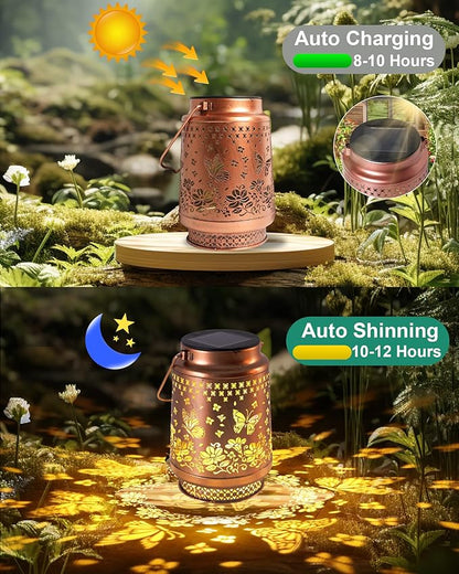2 Pack Butterfly Solar Lanterns Outdoor Waterproof, Garden Decor Birthday Gifts for Women Mom Grandma Sister, Metal Hanging Solar Lights Outside Decorative for Backyard Patio Lawn Pathway Landscape
