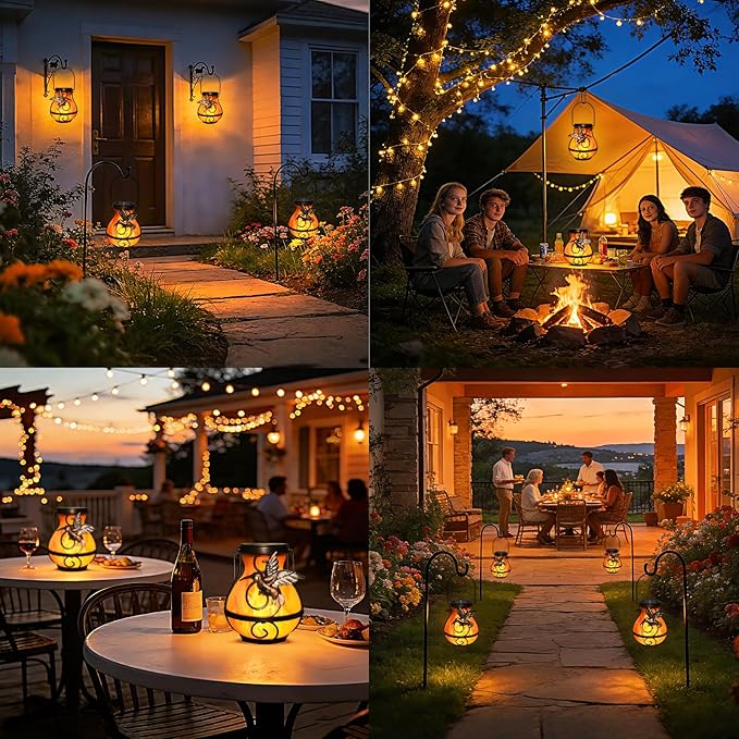 2P Solar Lanterns Outdoor Waterproof, Hanging Metal Hummingbird Flickering Flame Solar Lights Outdoor for Patio Garden Decorative Lights Perfect Gift