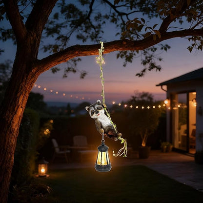 Solar Hanging Raccoon Statue, Outdoor Resin Animal Figurine with LED Lights for Garden, Fence, Porch, Patio, Yard Decor, Dusk to Dawn Auto On/Off