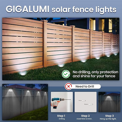 GIGALUMI Solar Ground Lights - No-Drill Fence Lighting Solution, Waterproof Perimeter Lights Compatible with Wood, Metal & Concrete Fences (16 Pack Cool White)