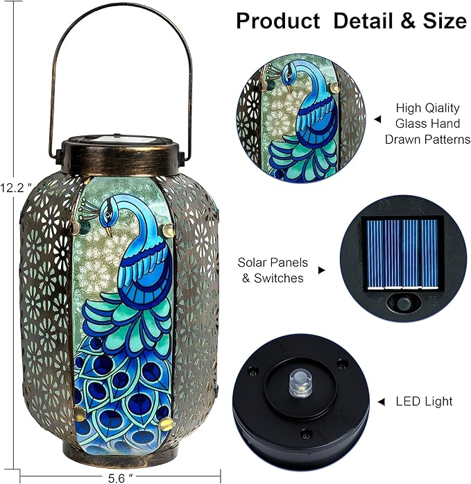 Solar Peacock Lantern Outdoor Hanging Garden Decor – Waterproof Metal & Stained Glass Light with Handle – Decorative Retro Yard Art for Patio, Porch, Table, Pathway – Gardening Gift for Mom & Women
