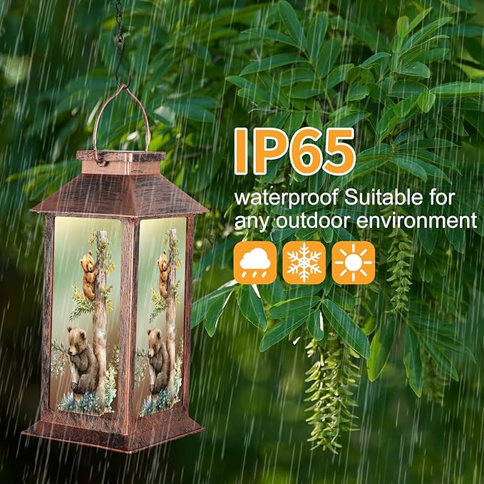 Outdoor Hanging Solar Lantern Waterproof Outside Bear Pattern Landscape Lights for Porch Garden Yard Patio Pathway Decor Birthday Gifts for Women Mom Grandma