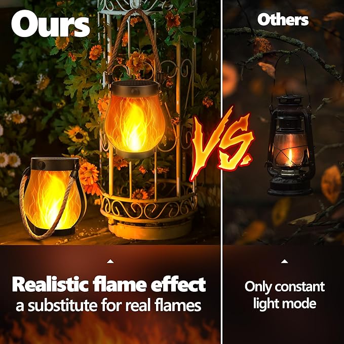 Solar Flame Lantern Hanging Outdoor Waterproof - 2 Pack Flame Lanterns with Dual Charging Modes of Solar & USB for Garden or Yard Christmas Decorations (Warm White - 2 Pack)