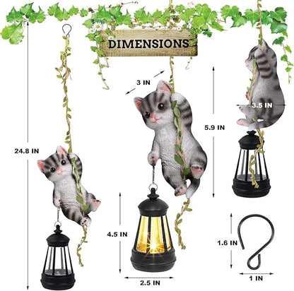 Solar Hanging Cat Statue, Outdoor Resin Black Cat Figurine with LED Lights, Kitty Animal Ornament for Garden, Fence, Porch, Patio, Yard Decor, Dusk to Dawn Auto On/Off