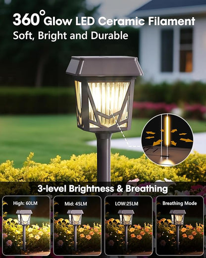 Solar Garden Lights, 6 Pack Bright Pathway Lights with Large Panel, 36H Long-lasting, Type-C Fast Charge, Breathing, Durable Waterproof Outdoor Lighting for Patio/Yard/Walkway/Driveway/Pool/Landscape
