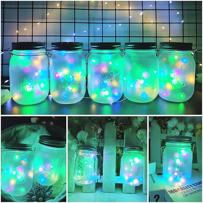 SmilingTown Solar Mason Jar Lights 10 Pack 20 LED Waterproof Outdoor Fairy Firefly String Light Lids with 10 Hangers Rust Resist for Patio Lawn Garden Wedding Lantern Decor No Jars (Multi)