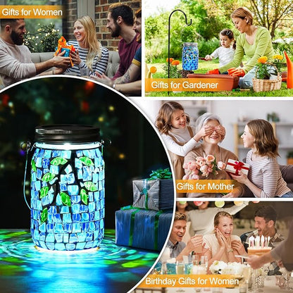 Uspring 2 Pack Mosaic Solar Lanterns Outdoor Waterproof Garden Decor Stained Glass Hanging Solar Jar Lights Gifts for Women Mom Grandma Handmade Outdoor Lantern Lamp for Patio Porch Yard Table