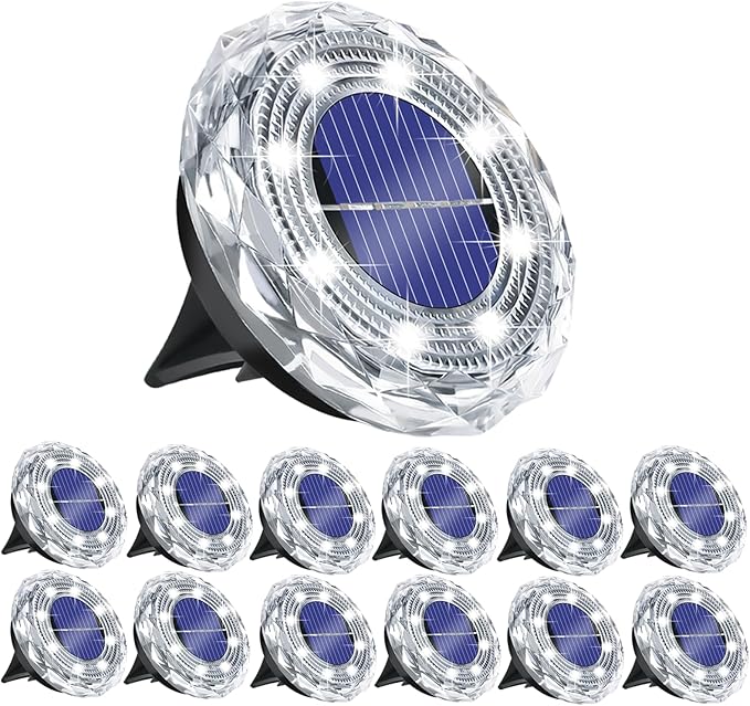 Solar Ground Light Outdoor 12 Pack Mini Solar Grounf Lights Waterproof Landscape Lighting Solar Powered Pathway Lights LED Disk Light for Patio Lawn Driveway Yard Decor, Cool White