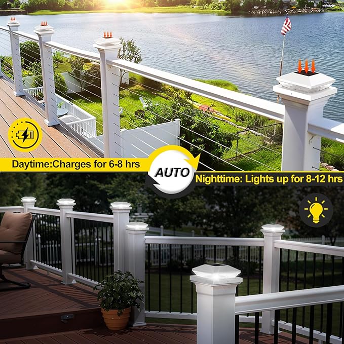 T-SUN Solar Post Cap Lights Outdoor 6 Pack, 2 Modes LED Fence Post Solar Lights Fit for 4x4 5x5 6x6 Vinyl/Wooden Posts, Waterproof Deck Post Lights Solar Powered for Garden Patio Gate Porch
