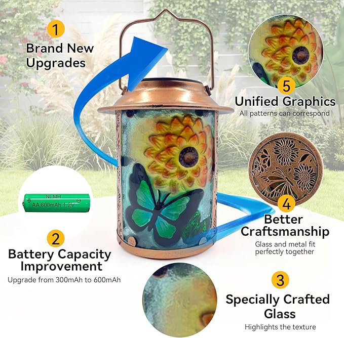 10" H Sunflower Butterfly Solar Lanterns Outdoor, Metal Glass Hanging Solar Lanterns with Hollow Out Retro Sunflower Lights, Decorative for Garden Yard Patio Pathway Tabletop Gifts