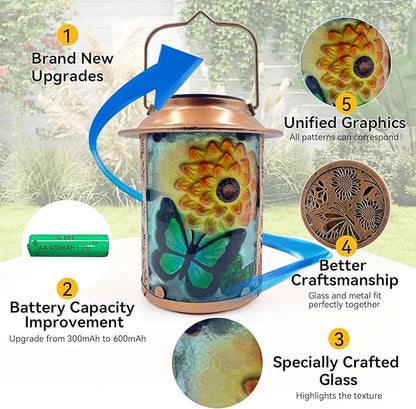 10" H Sunflower Butterfly Solar Lanterns Outdoor, Metal Glass Hanging Solar Lanterns with Hollow Out Retro Sunflower Lights, Decorative for Garden Yard Patio Pathway Tabletop Gifts