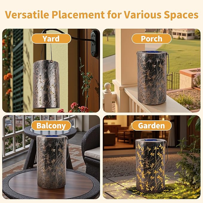 Outdoor Solar Garden Lights: Solar-Powered Yard Patio Hanging Decoration Lanterns with Handle, Outside Waterproof Decorative Lamps with Dynamic Dragonfly Pattern(Dragonfly)
