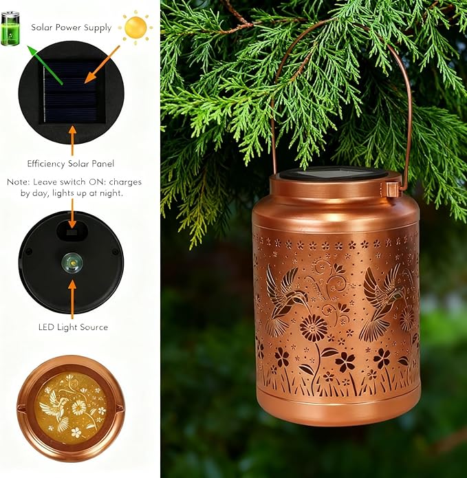 Hummingbird Solar Lanterns Outdoor Garden Decor Solar Lights Waterproof Hummingbird Decorative Hanging Metal Lights Gardening Gifts for Women Mom Grandma Outside Yard, Patio, Backyard, Farm