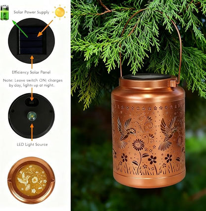 Hummingbird Solar Lanterns Outdoor Garden Decor Solar Lights Waterproof Hummingbird Decorative Hanging Metal Lights Gardening Gifts for Women Mom Grandma Outside Yard, Patio, Backyard, Farm