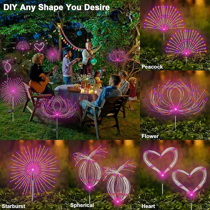 Solar Garden Lights Outdoor, 2 Pack 120 LED Twinkling Firework Lights Decorative with 2 Modes, Outdoor Waterproof Solar Starburst Light for Outside Yard Pathway Garden Decor, Purple + Orange
