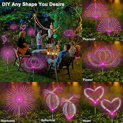 Solar Garden Lights Outdoor, 2 Pack 120 LED Twinkling Firework Lights Decorative with 2 Modes, Outdoor Waterproof Solar Starburst Light for Outside Yard Pathway Garden Decor, Purple + Orange
