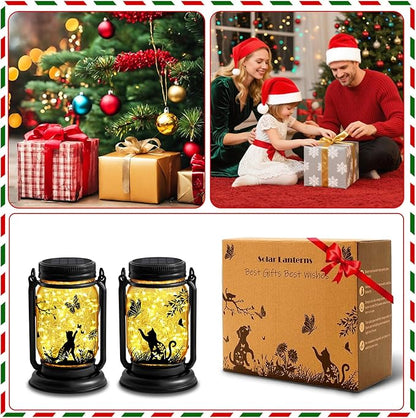 2 Pack Cat Solar Lanterns, Outdoor Hanging Solar Lantern with Stake, Birthday Gifts for Mom, Grandma,Women,Black Cat Butterfly Vintage Glass Mason Jar Waterproof Lights for Yard Garden Decor