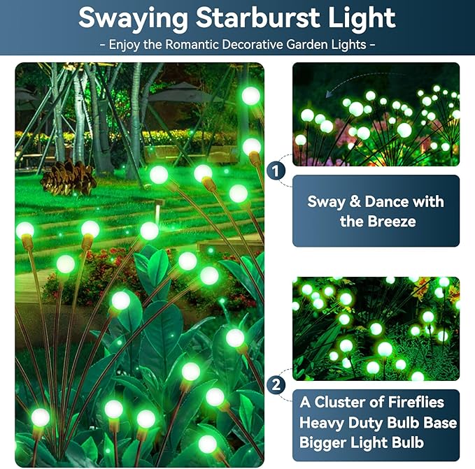 Solar Garden Lights Outdoor Waterproof, 2 Pack 16 LED Swaying Light Firefly Light Outdoor Decor Lights for Pathway Party Christmas Decoration, Unique Gifts for Women, Green