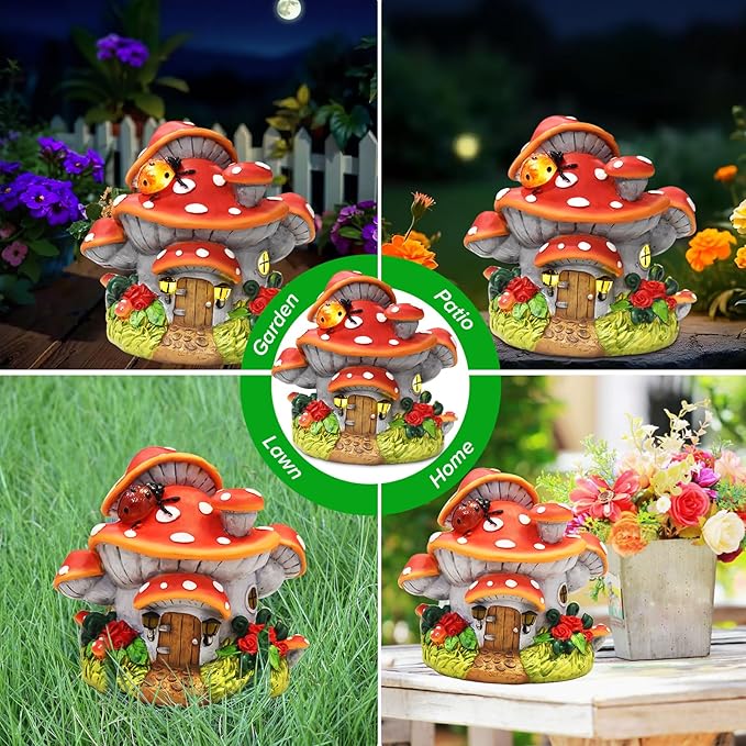 WINTS Solar Mushroom House Statue, Outdoor Whimsical Garden Figurines with Solar Lights, Mushroom Garden Statue Decoration for Fairy House, Outside Lawn Yard Patio, Gifts for Mom