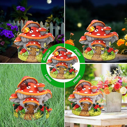 WINTS Solar Mushroom House Statue, Outdoor Whimsical Garden Figurines with Solar Lights, Mushroom Garden Statue Decoration for Fairy House, Outside Lawn Yard Patio, Gifts for Mom