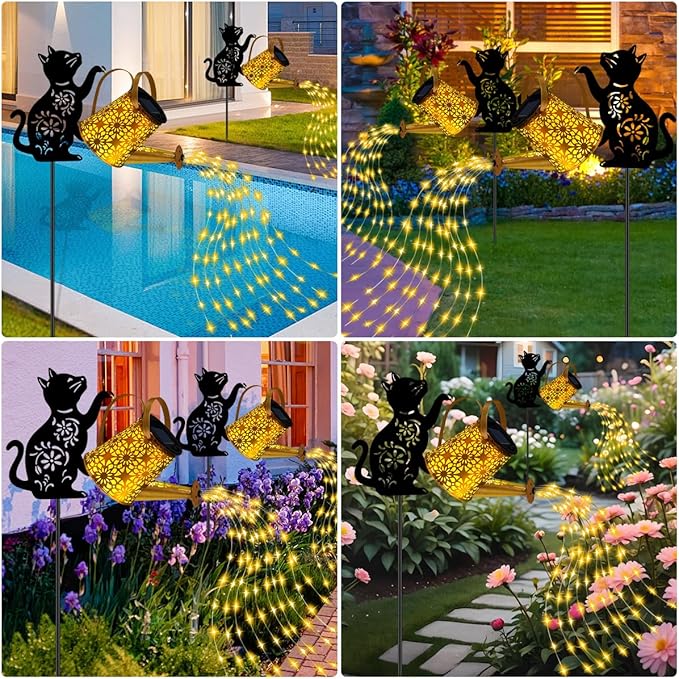 Christmas Gifts Solar Lights Outdoor Decorative, Watering Can with Cascading Lights, with Cat Silhouette Garden Stakes, Waterproof Metal Garden Decor for Yard Art, Outside, Patio, Lawn 2PACK