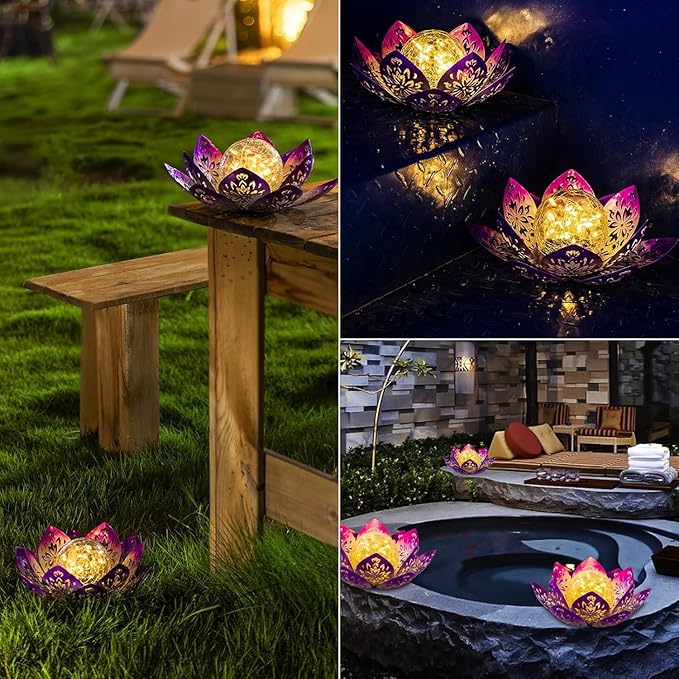 Huaxu Solar Lights Outdoor Decorative-Bright Purple Lotus Flower Table Lamp,Glass Globe 30 LED Waterproof Metal Decorations Gifts for Mom Women Garden Patio Pathway Yard Balcony Outside Decor