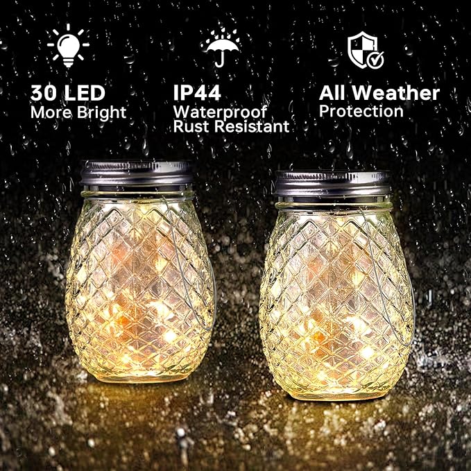 Dream Master 30 LED Hanging Solar Fairy Lights, Jars & Hangers Included, 6 Pack Waterproof Glass Mason Jar Lights Solar Powered, Ideal Outdoor Decor for Garden Patios, Yards, and Lawns, Warm White