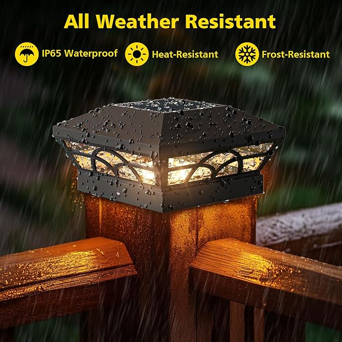 T-SUN Solar Post Cap Lights 6 Pack – Outdoor Waterproof Fence Lights for 3.5x3.5 4x4 5x5 5.5x5.5 Wood/Vinyl Posts, 2 Modes Warm White/White, Solar Deck Light for Patio, Garden, Porch (Black)