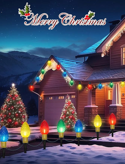 C9 Multicolor Christmas Decorations Outdoor Waterproof, 8FT Strawberry Jumbo Walkway Lights with 4 C9 LED Bulb, Connectable Marker Stakes Landscape Lights for Winter Yard Garden Lawns Xmas Holiday