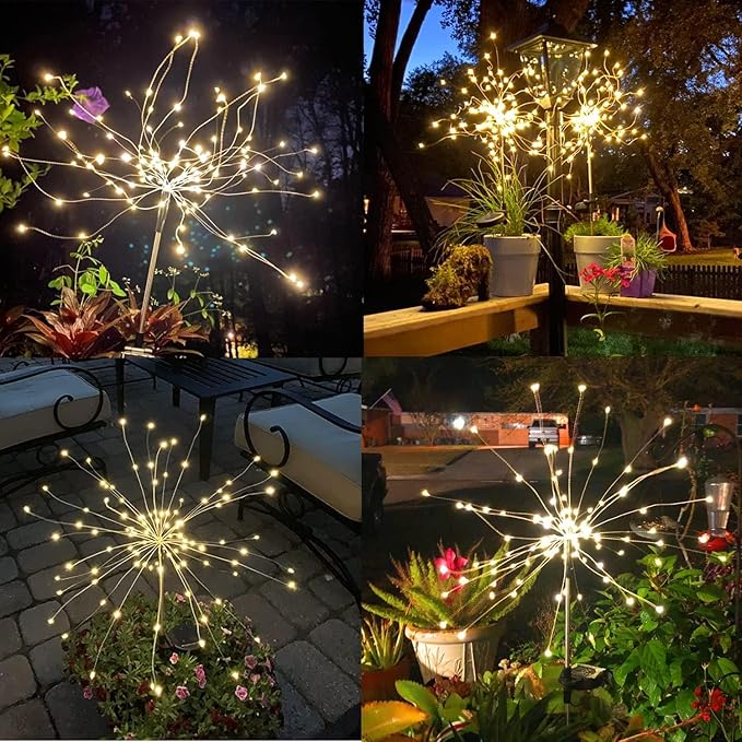 JJGoo Solar Firework Lights, 2 Pack 135 LEDs 2 Lighting Modes Solar Garden Lights Outdoor Waterproof for Yard Patio Walkway Pathway Party Wedding Christmas Decorative - Warm White