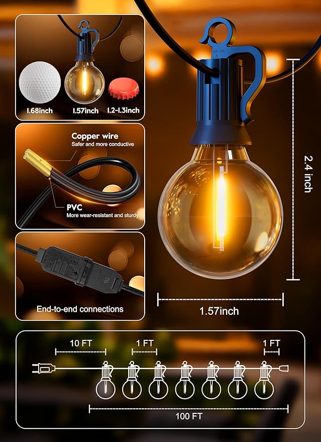 Outdoor String Lights, 100ft Waterproof LED