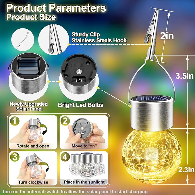 Solar Hanging Lanterns Outdoor: 12 Pack Cracked Glass Ball Lights with Hook - Waterproof Warm White Fairy Globe Lighting Yard Tree Ornaments - Gardening Gifts for Mom Grandma
