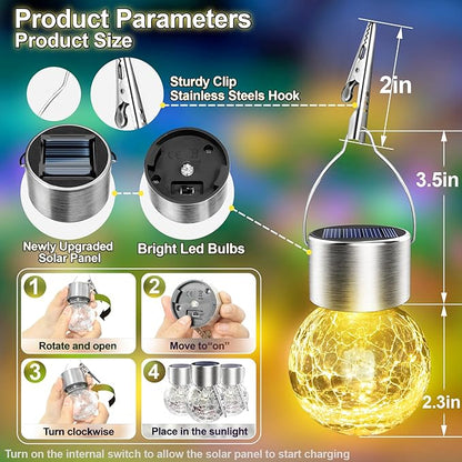 Solar Hanging Lanterns Outdoor: 12 Pack Cracked Glass Ball Lights with Hook - Waterproof Warm White Fairy Globe Lighting Yard Tree Ornaments - Gardening Gifts for Mom Grandma