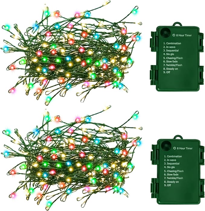 Battery Operated Christmas Lights, Waterproof Dark Green Copper Wire Fairy Light String Light for Garland, Wreath, Patio, Garden, Wedding, Party, Xmas (Multicolor, 200 LED 2Pack)