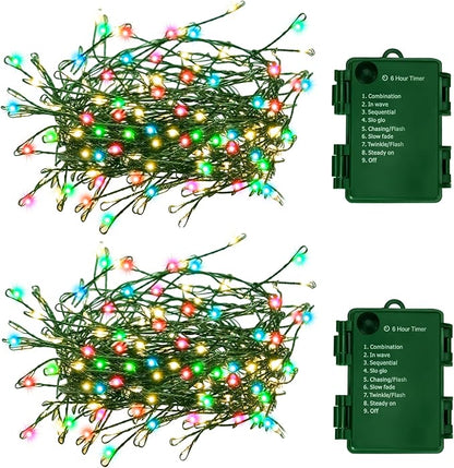 Battery Operated Christmas Lights, Waterproof Dark Green Copper Wire Fairy Light String Light for Garland, Wreath, Patio, Garden, Wedding, Party, Xmas (Multicolor, 200 LED 2Pack)
